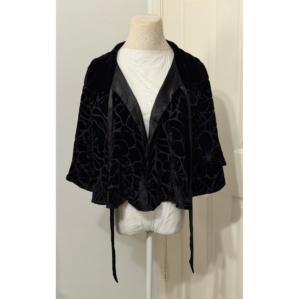 Black Burnout Velvet Silk Blend Floral Capelet Evening Wrap sz P Bolero Shrug